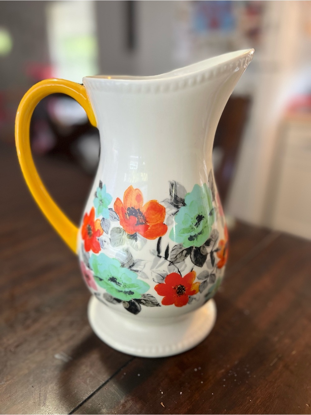 The Pioneer Woman White Pitcher with Yellow Handle and Multicolor Floral Design